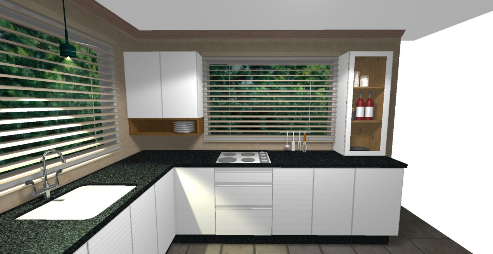 White kitchen 3D design with natural wood accents