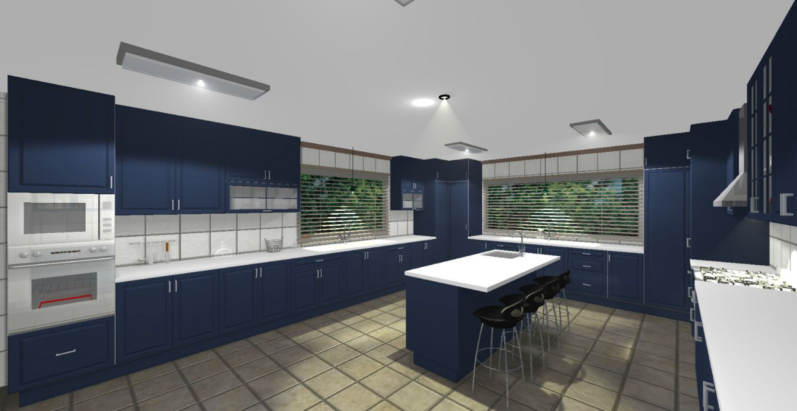 Navy kitchen side angle showing pantry storage