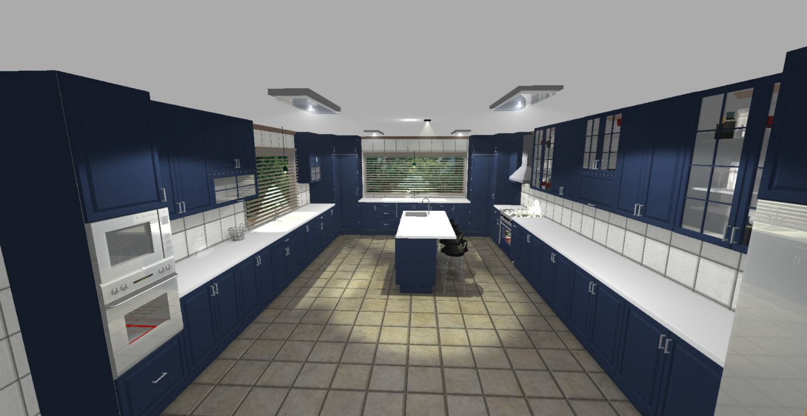 Navy blue kitchen 3D design with white island — Khat Al Barq